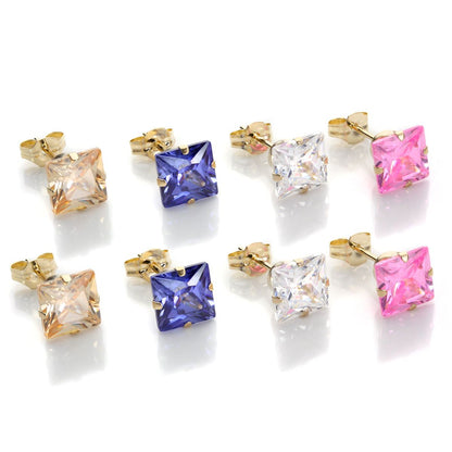 9ct Yellow Gold CZ 6mm Square Stud Earrings