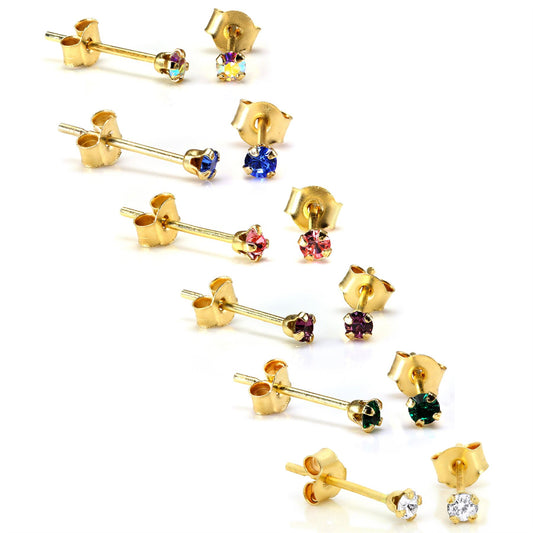 9ct Gold 2mm Round Crystal Stud Earrings - 7 Colours