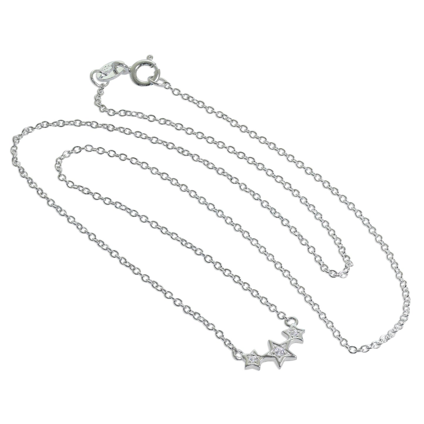 Sterling Silver & CZ Crystal Triple Star 16 Inch Necklace