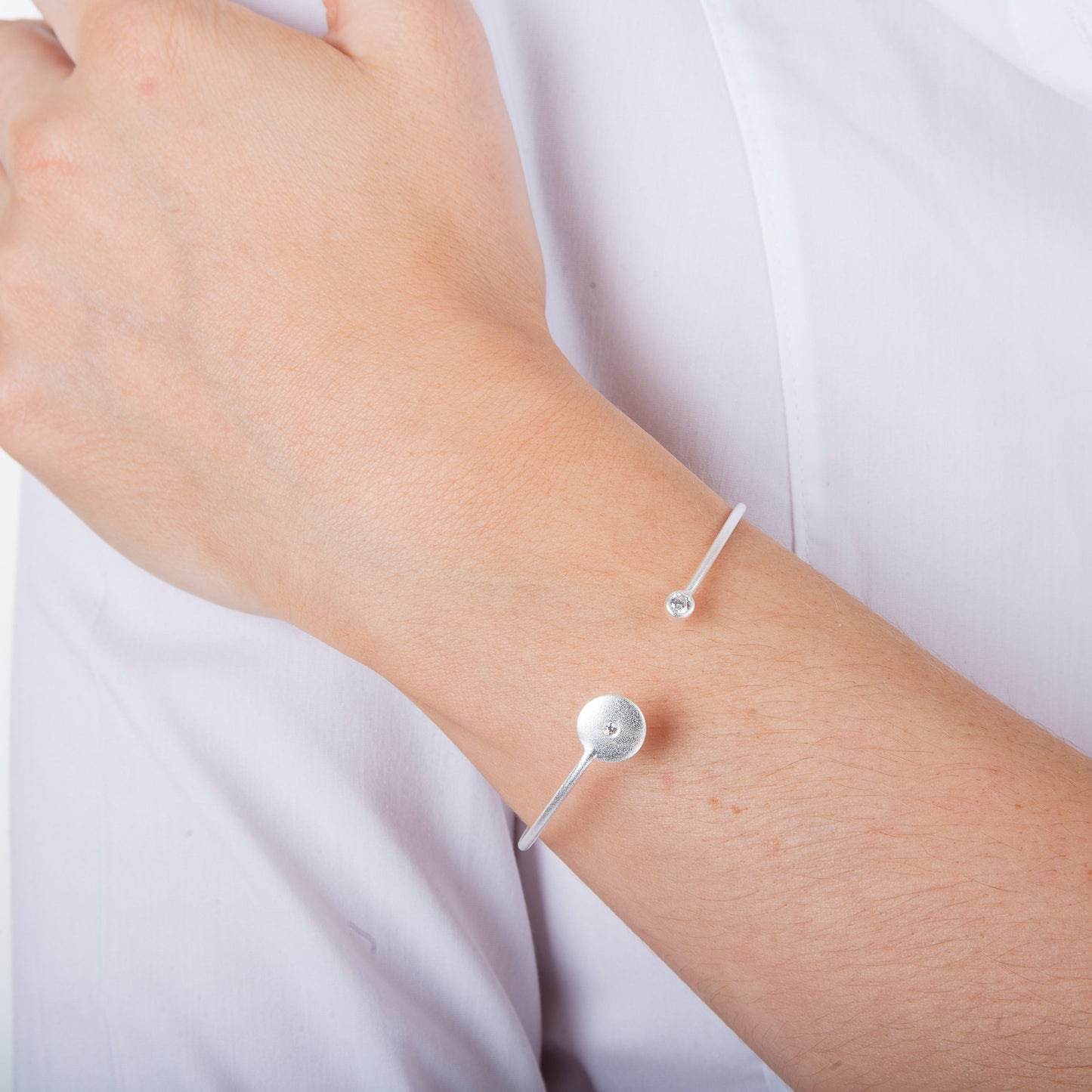 Sterling Silver 55mm Brushed Sterling Silver & CZ Bangle