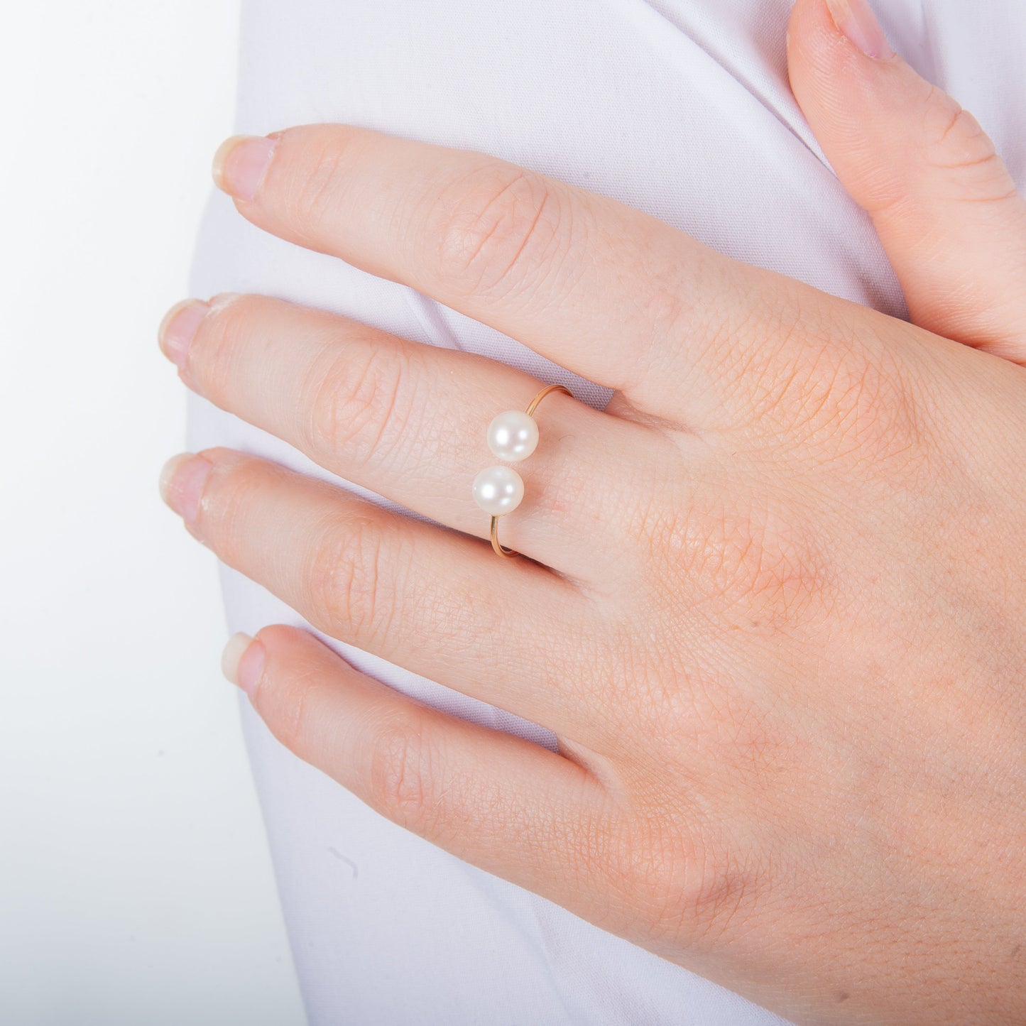 9ct Yellow Gold Double White Freshwater Pearl Adjustable Open Ring