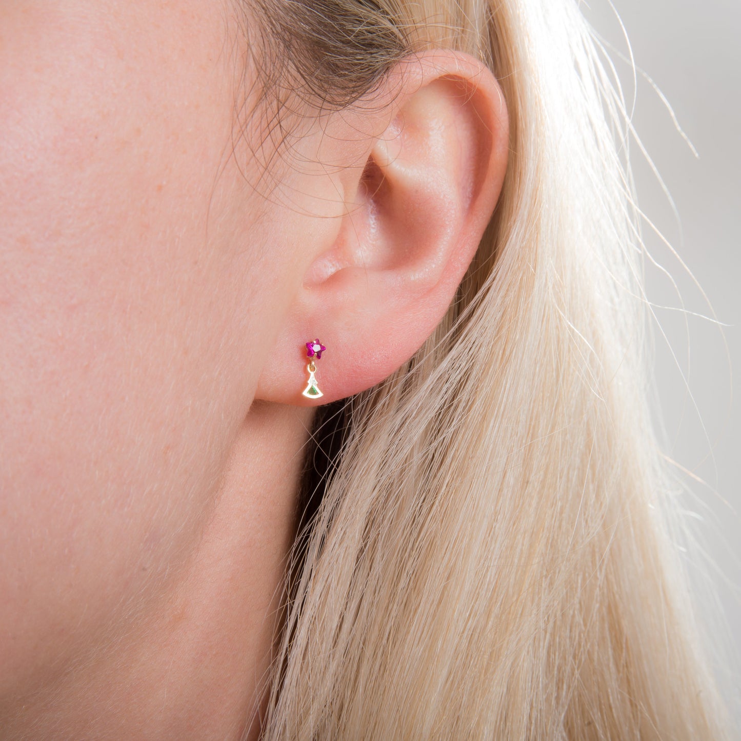 9ct Gold Christmas Tree Emerald Green Ruby Red Star CZ Stud Drop Earrings