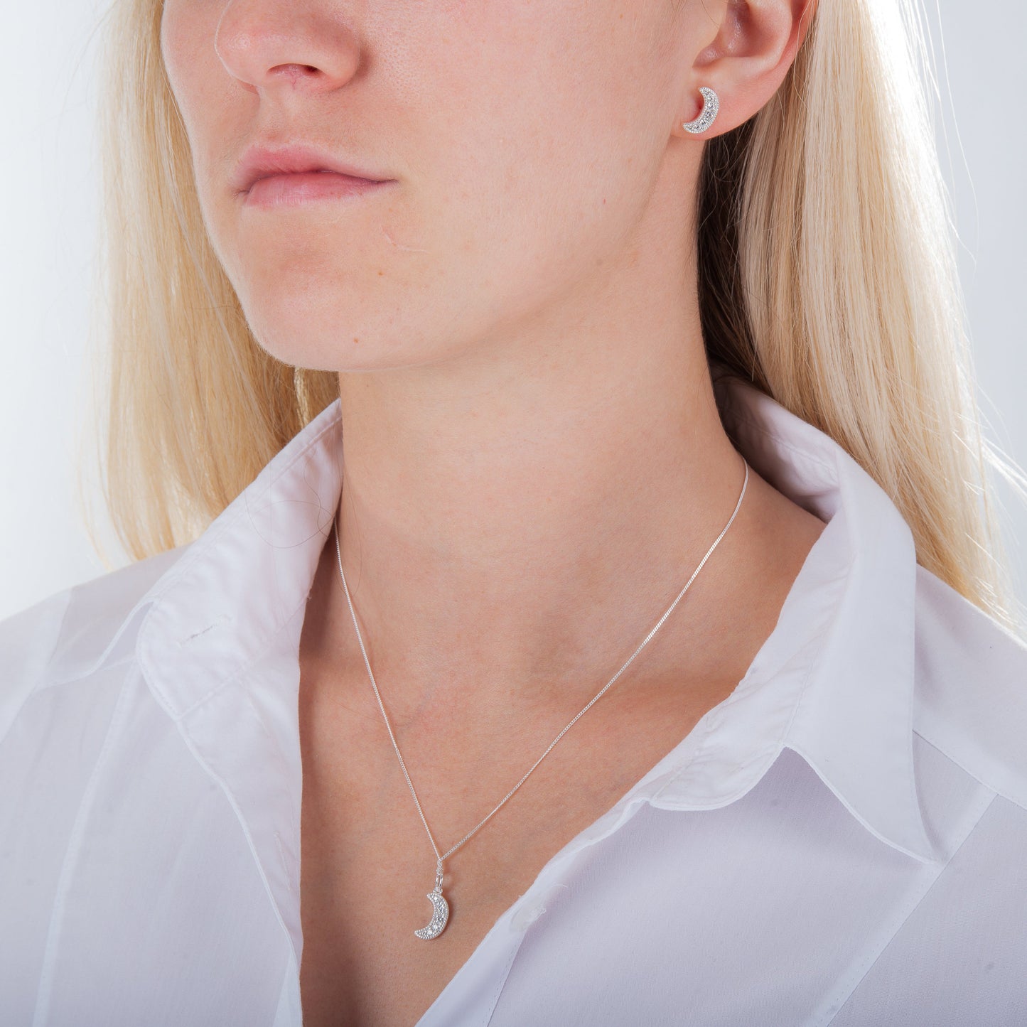 Sterling Silver & CZ Crescent Moon Necklace 14 - 32 Inches