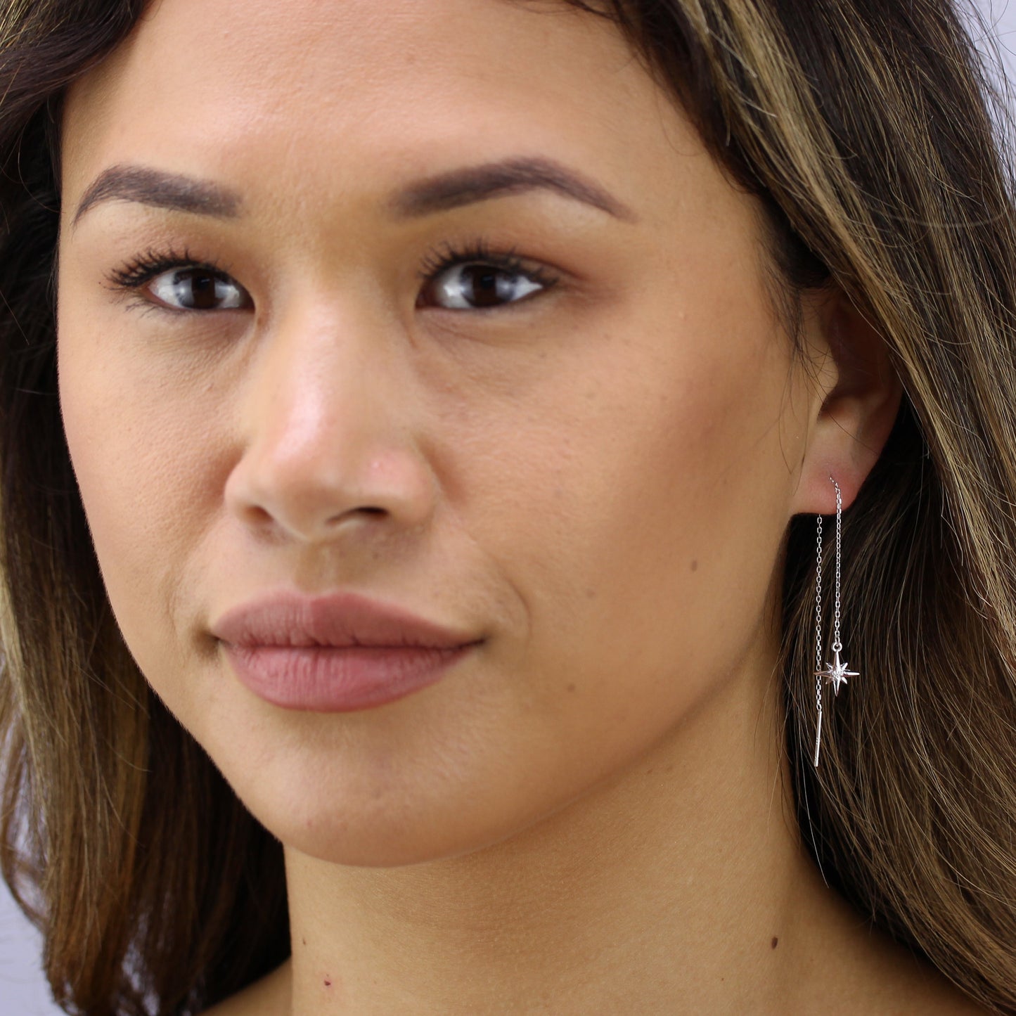 Sterling Silver Starburst Clear CZ Drop Dangle Pull Through Earrings