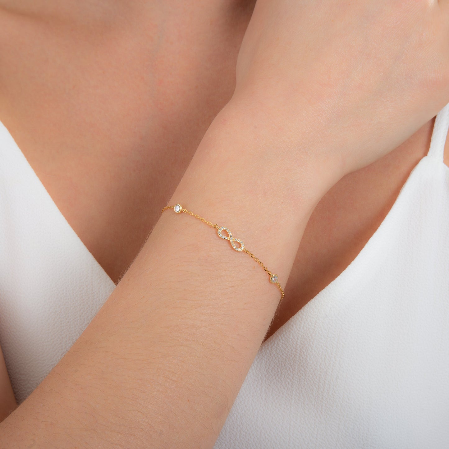 Gold Plated Fine Sterling Silver Infinity & Round Clear CZ Adjustable Bracelet