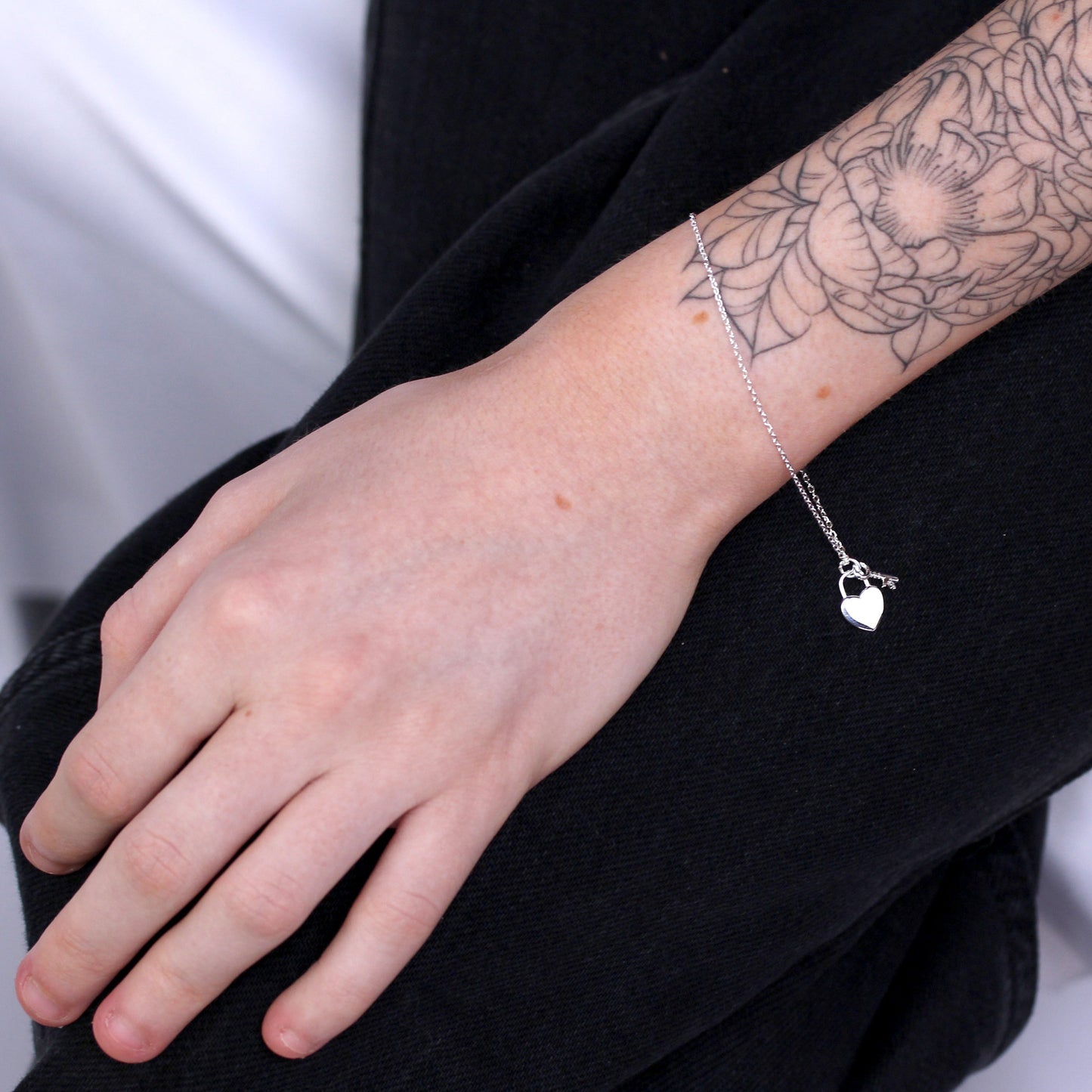 Sterling Silver Key & Heart Padlock Adjustable Bracelet