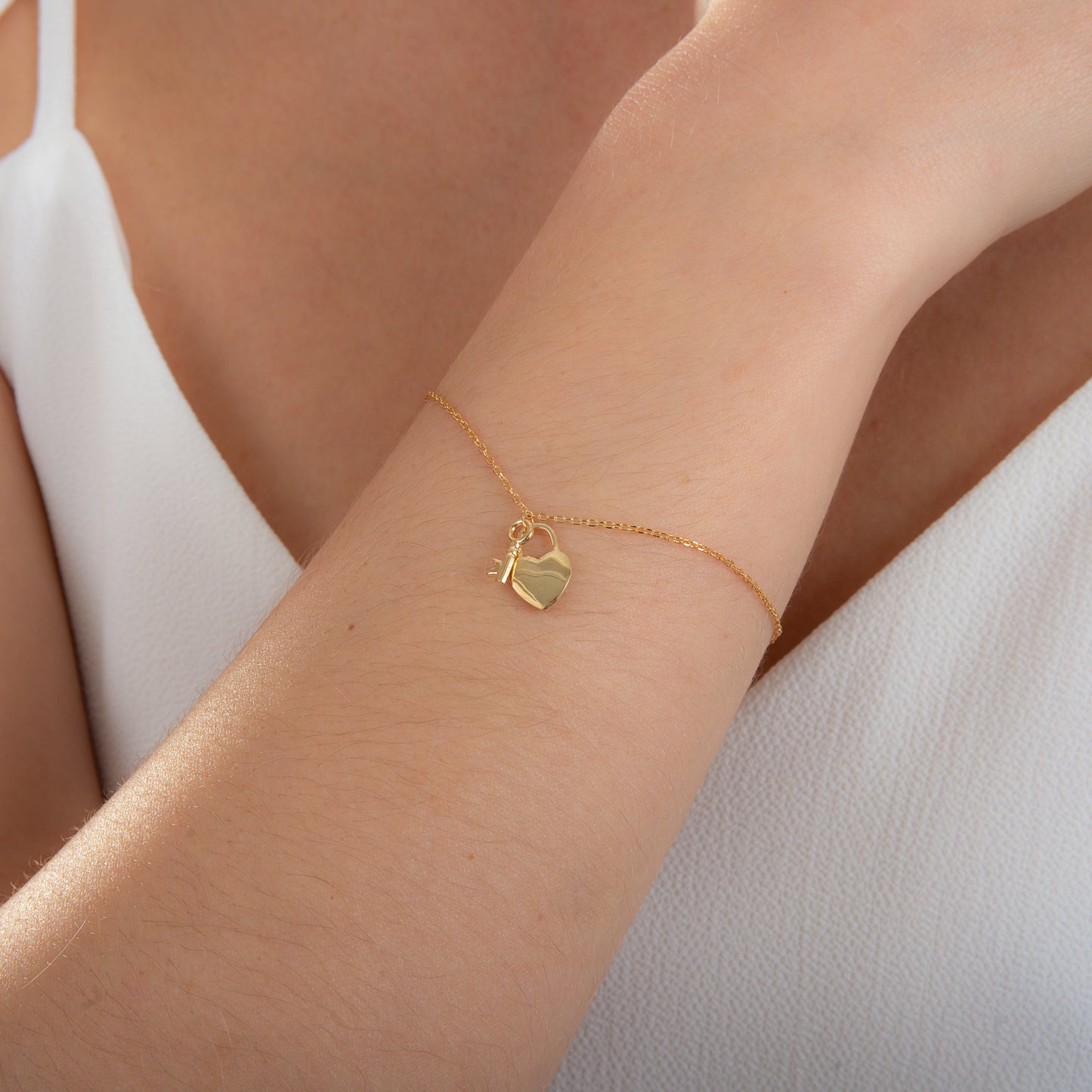 Gold Plated Sterling Silver Key & Heart Padlock Adjustable Bracelet