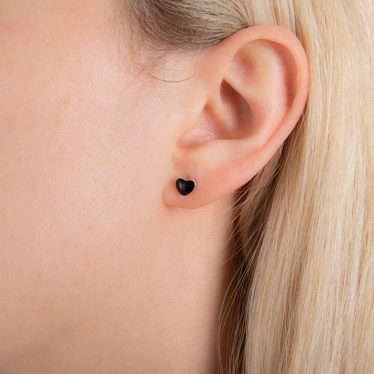 Sterling Silver Heart Black Enamel Stud Earrings