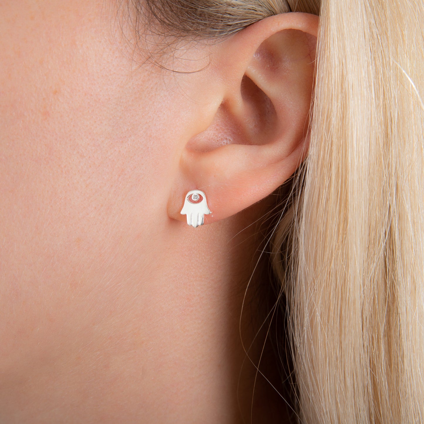 Sterling Silver Hamsa Hand Clear CZ Eye Stud Earrings