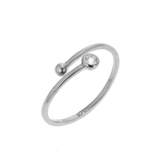 Sterling Silver Round Clear CZ & Ball Minimalist Open Adjustable Ring