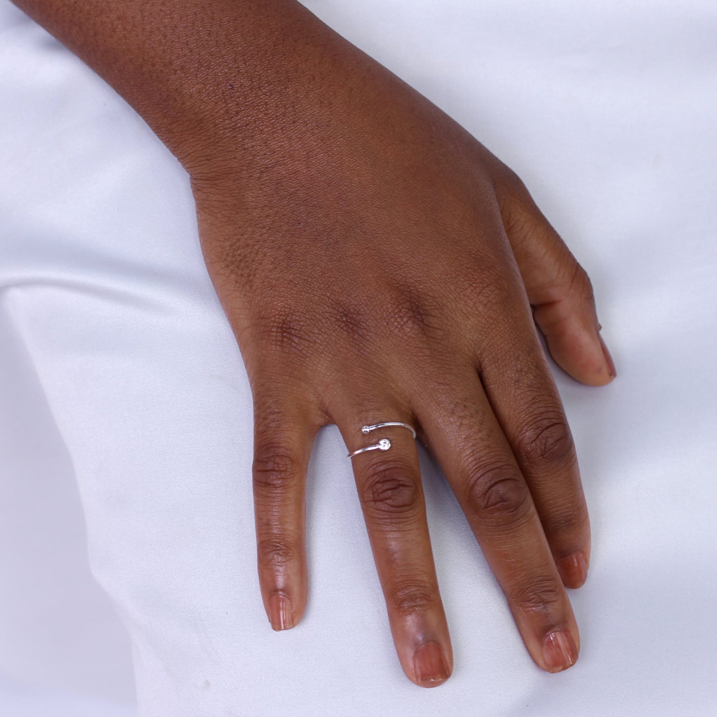 Sterling Silver Round Clear CZ & Ball Minimalist Open Adjustable Ring