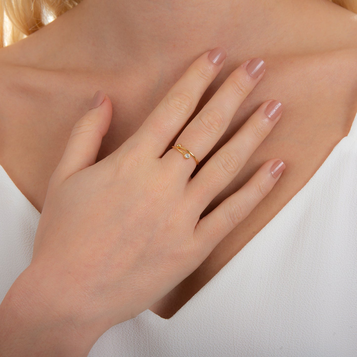 Gold Plated Sterling Silver Round Clear CZ & Ball Minimalist Open Adjustable Ring