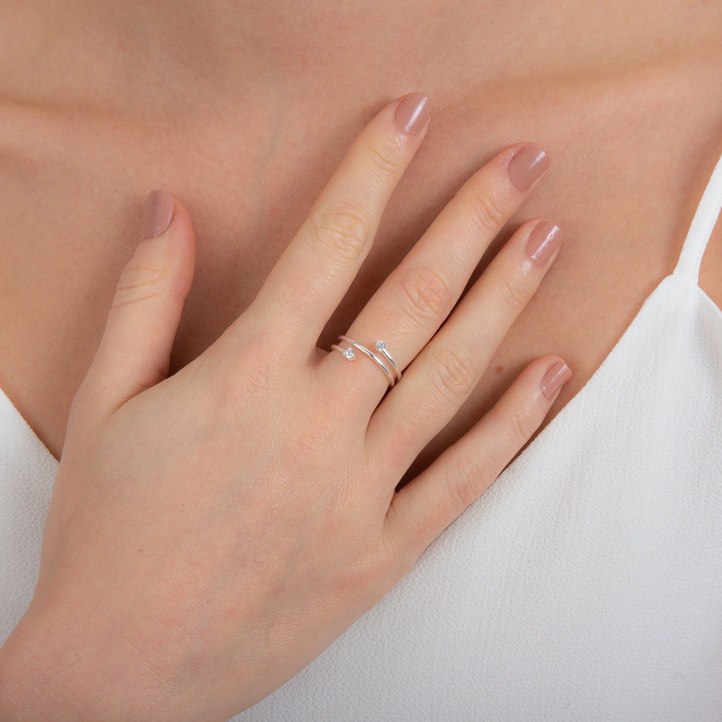 Sterling Silver Double Round Clear CZ Open Wrap Adjustable Ring