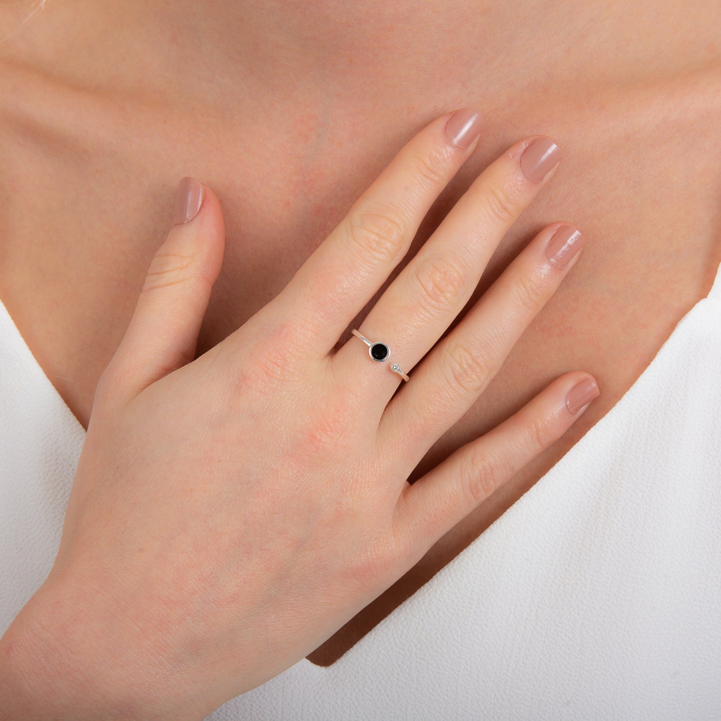 Sterling Silver Round Circle Black Enamel Disc Minimalist Clear CZ Open Adjustable Ring