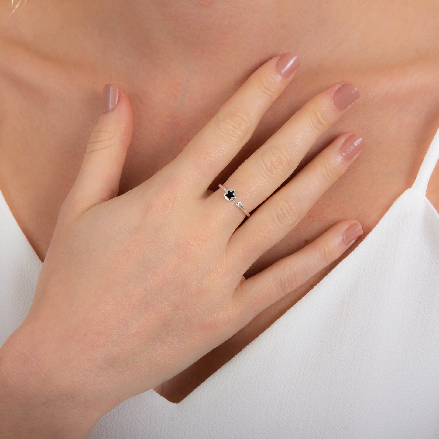 Sterling Silver Star Black Enamel Disc and CZ Open Adjustable Ring