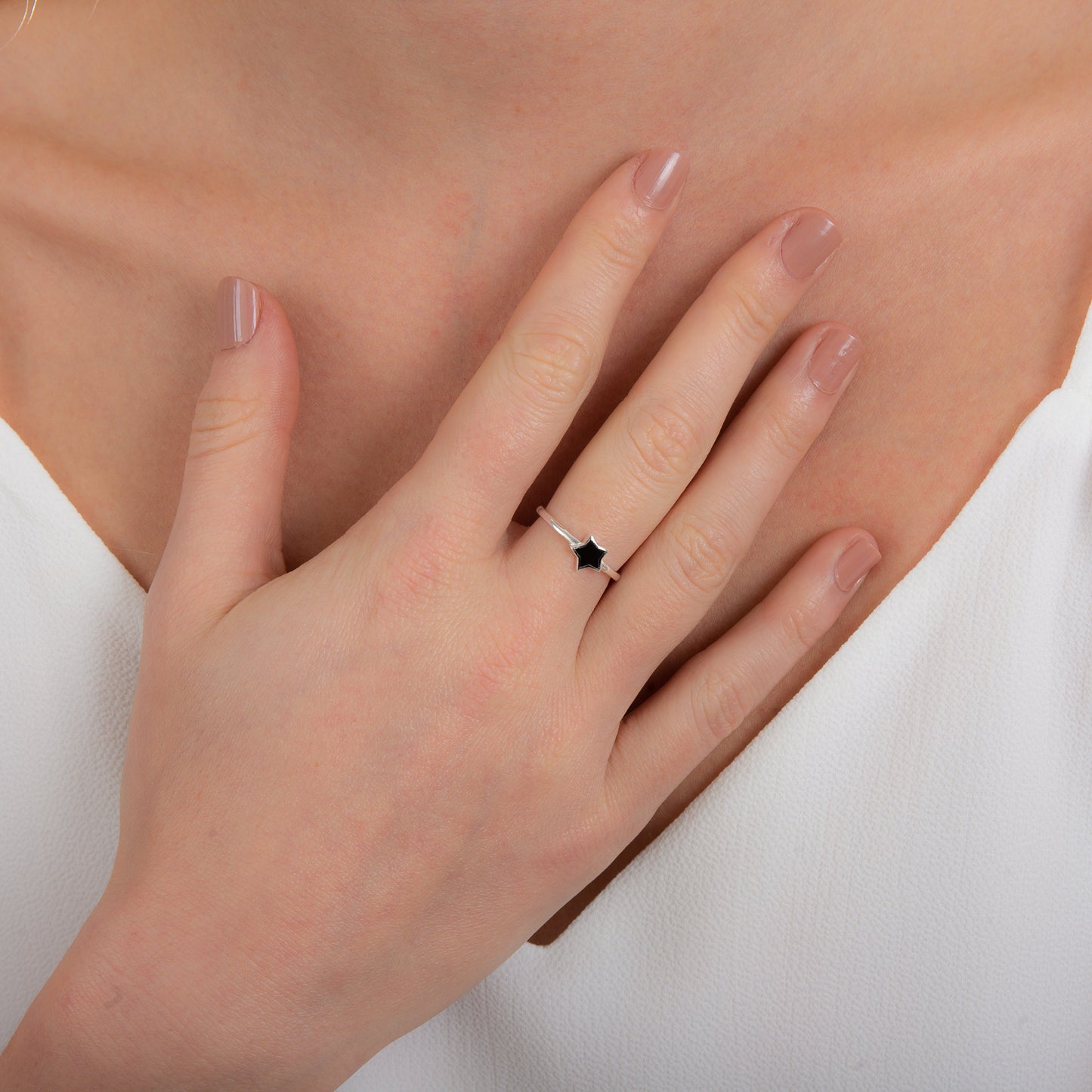 Sterling Silver Star Black Enamel Adjustable Ring