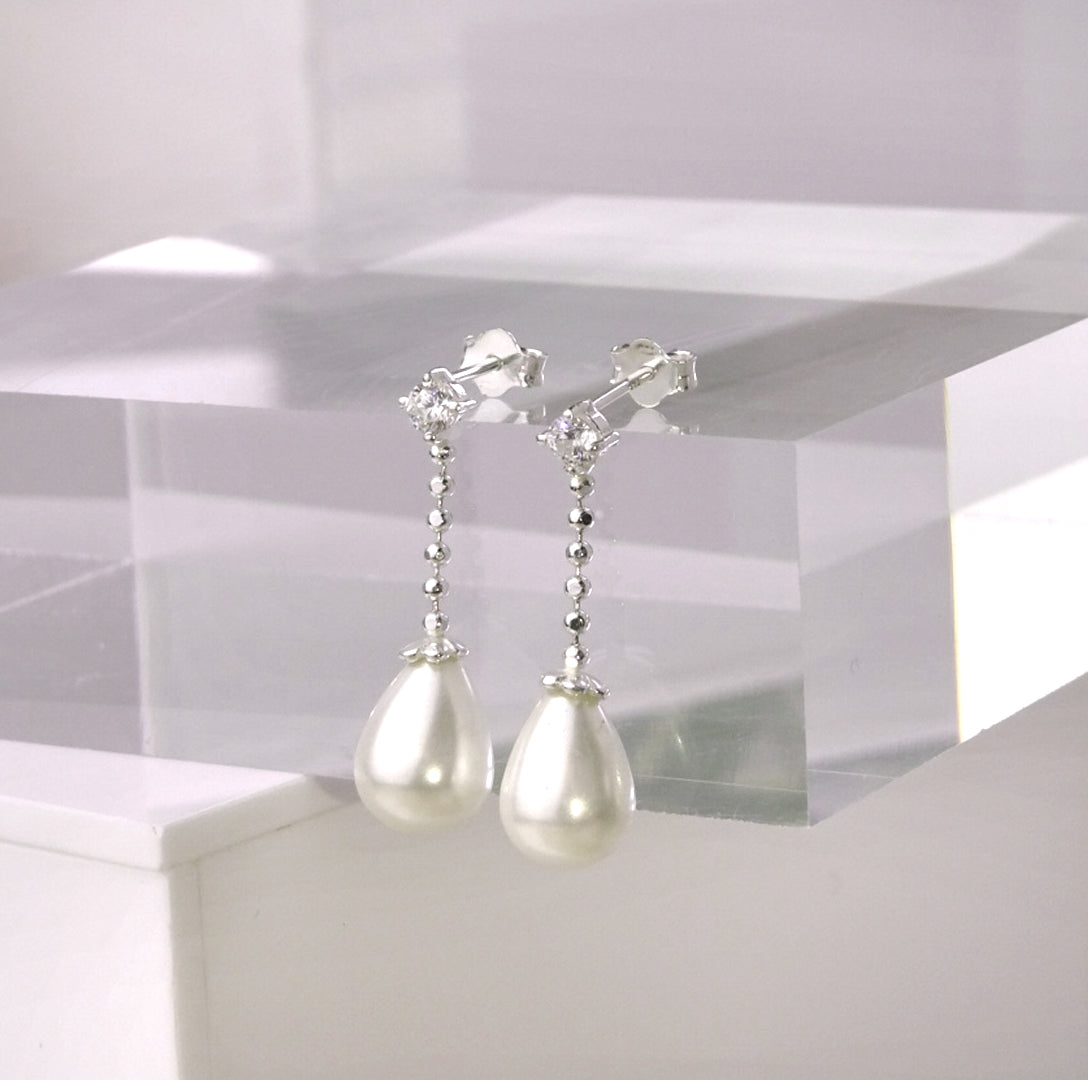 Sterling Silver Clear CZ White Teardrop Synthetic Pearl Drop Stud Earrings