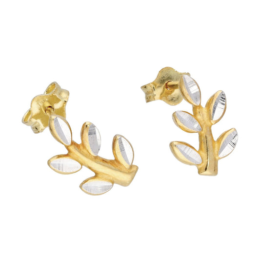 Gold Plated Sterling Silver Diamond Cut Leaf & Branch Stud Earrings - jewellerybox