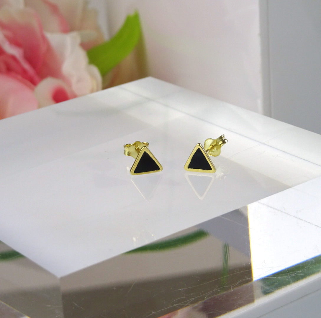Gold Plated Sterling Silver Black Enamel Triangle Stud Earrings