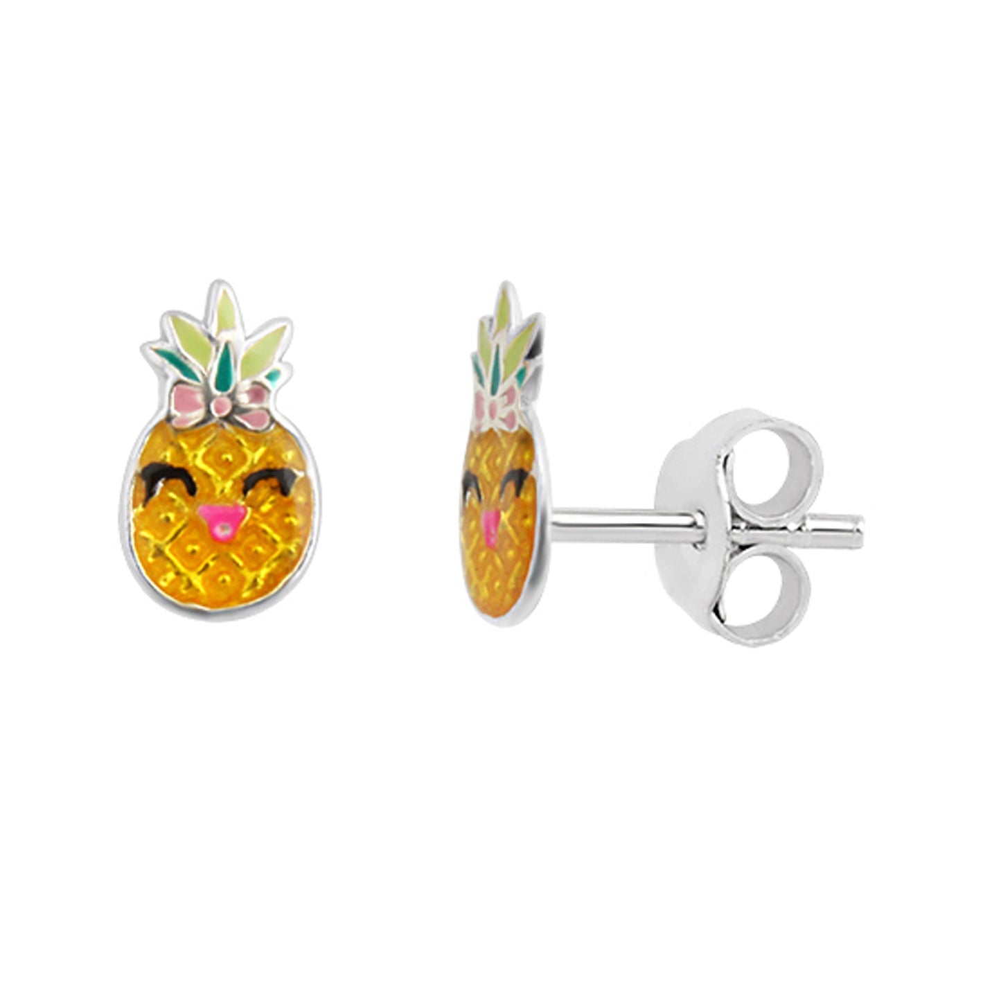 Sterling Silver Pineapple Smiley Enamel Stud Earrings