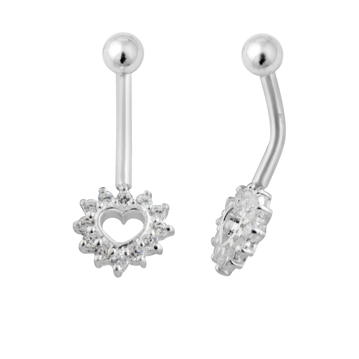Sterling Silver & CZ Crystal Open Heart Belly Bar