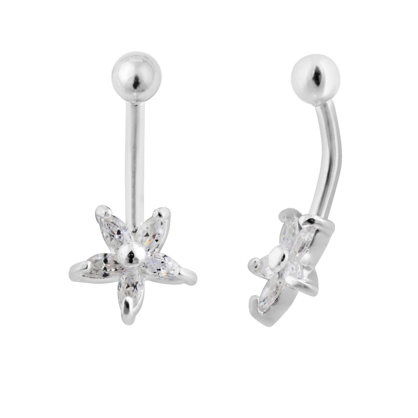 Sterling Silver & CZ Crystal Flower Belly Bar