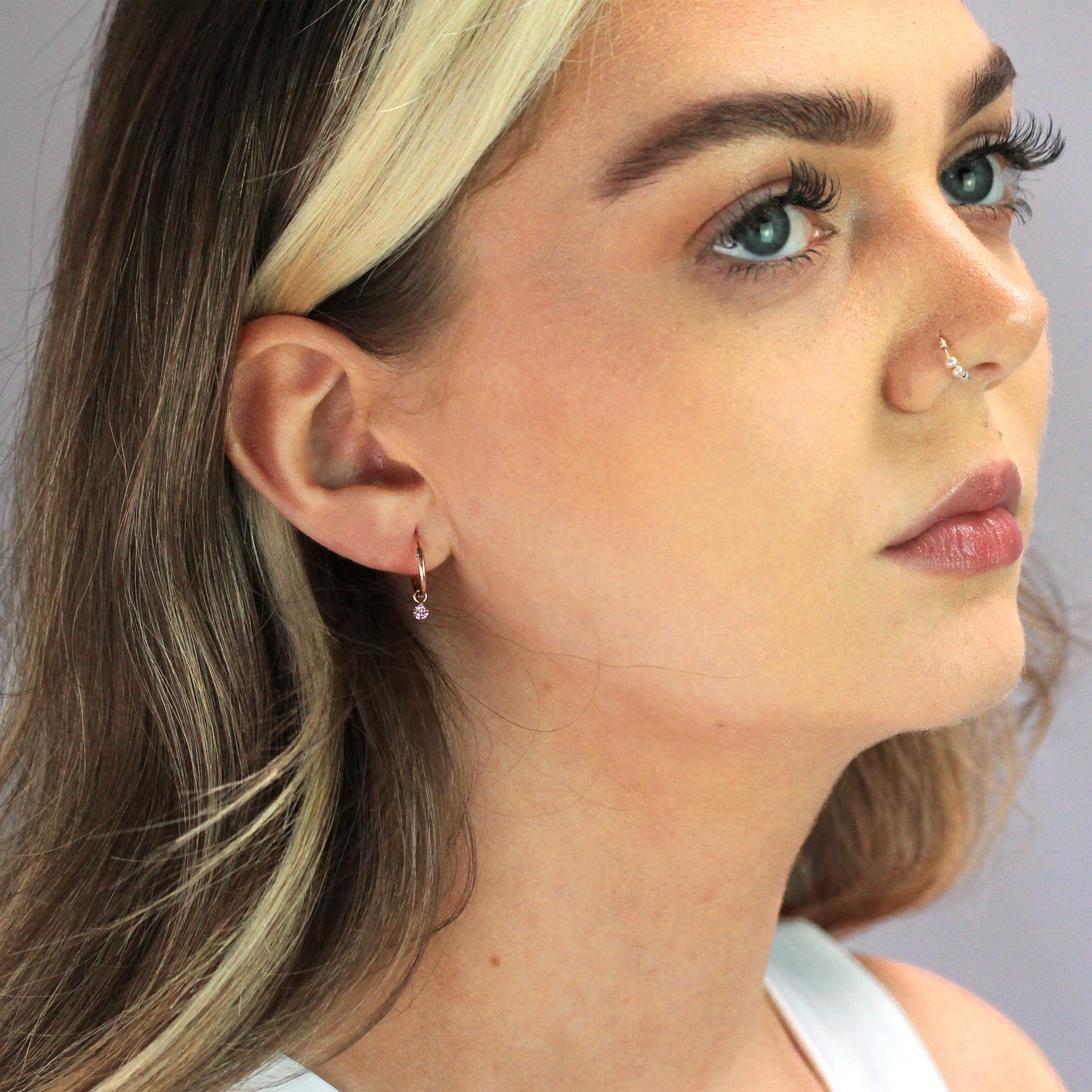 Rose Gold Plated Sterling Silver & Rose CZ 3mm Crystal Hoop Earrings