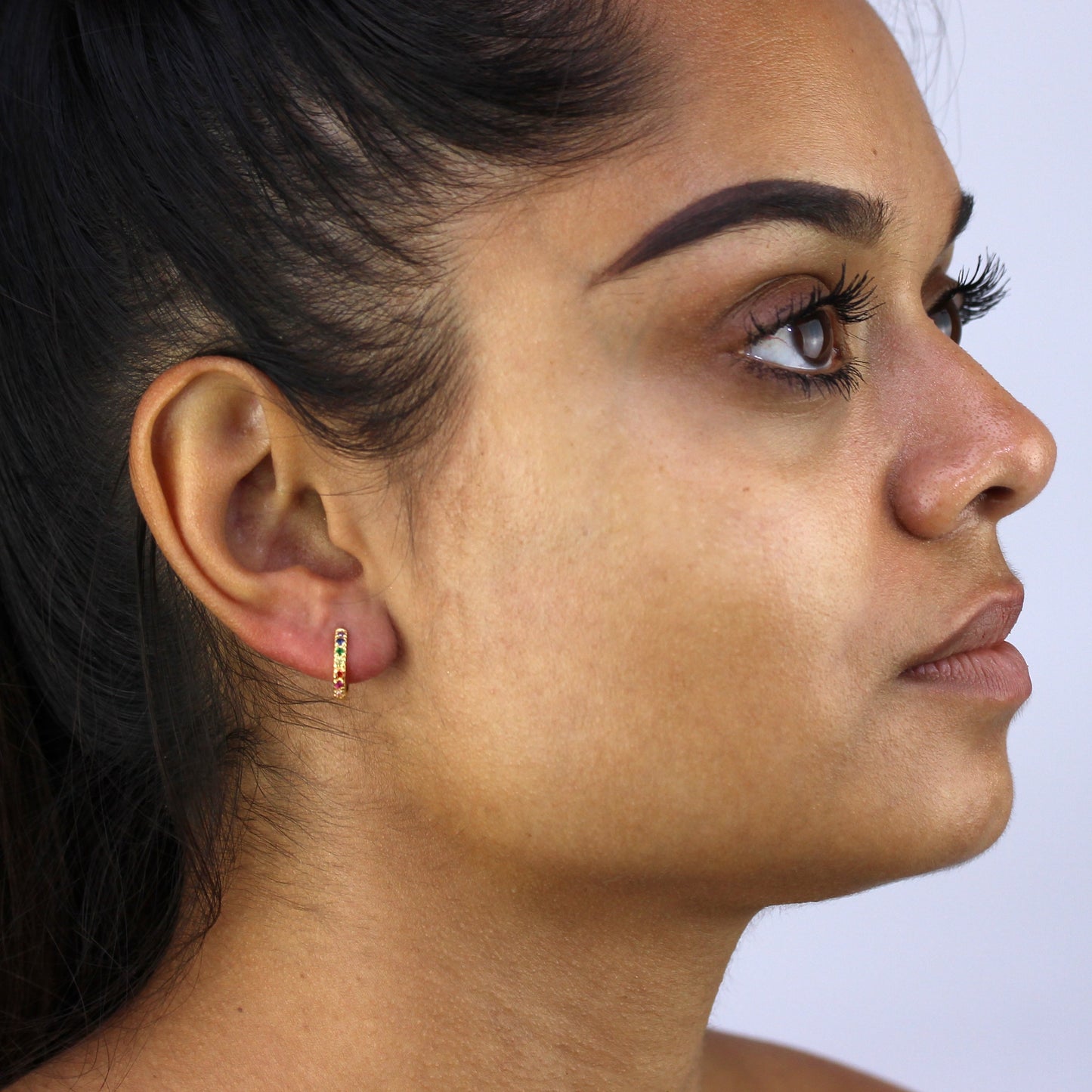 Gold Plated Sterling Silver & Rainbow Crystal Huggie Hoop Earrings
