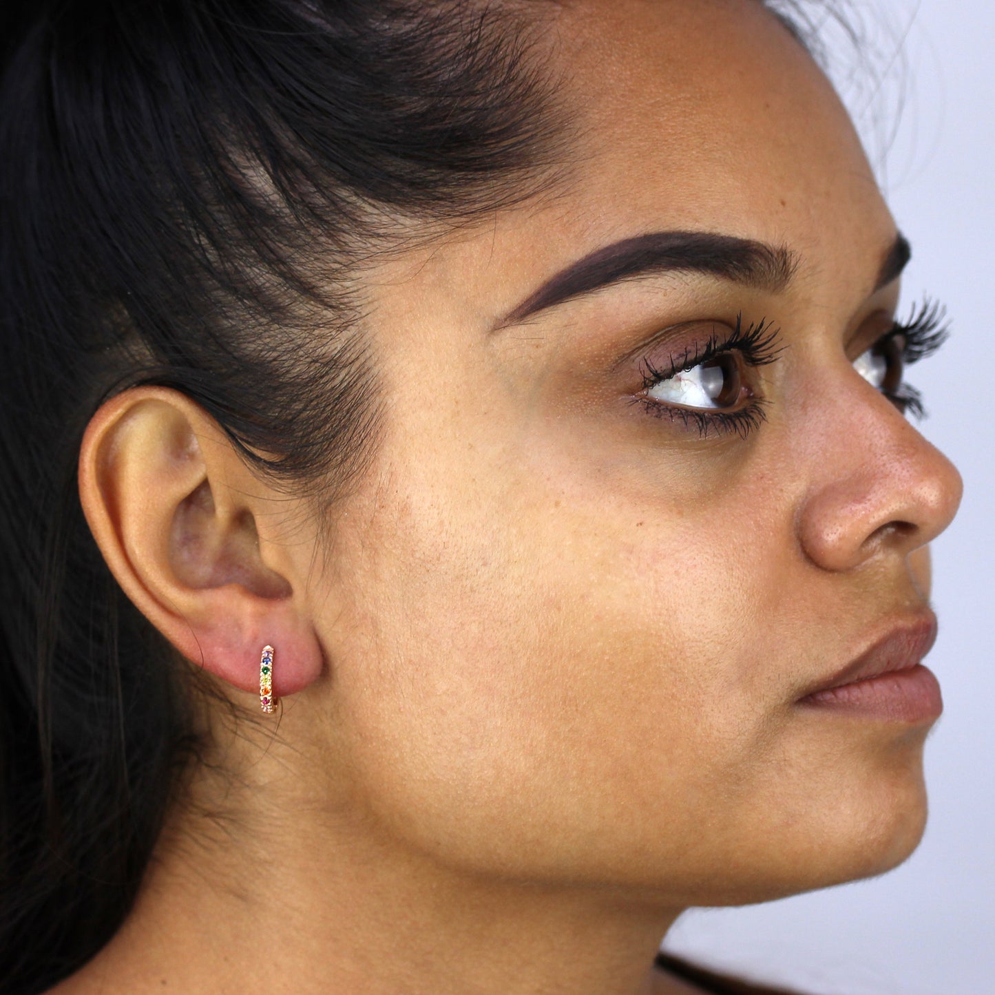 Rose Gold Plated Sterling Silver & Rainbow Crystal Huggie Hoop Earrings