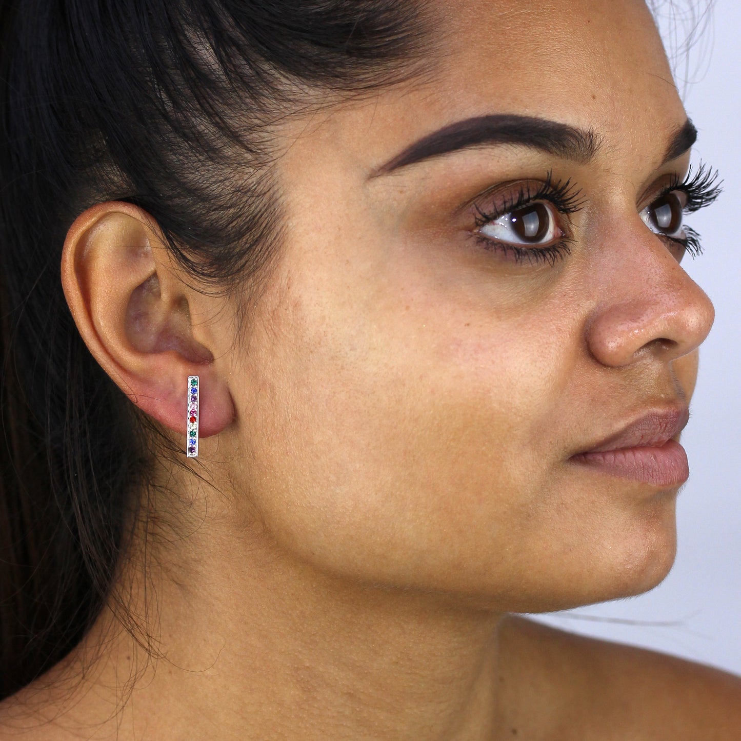 Sterling Silver & Rainbow CZ Crystal Bar Stud Earrings