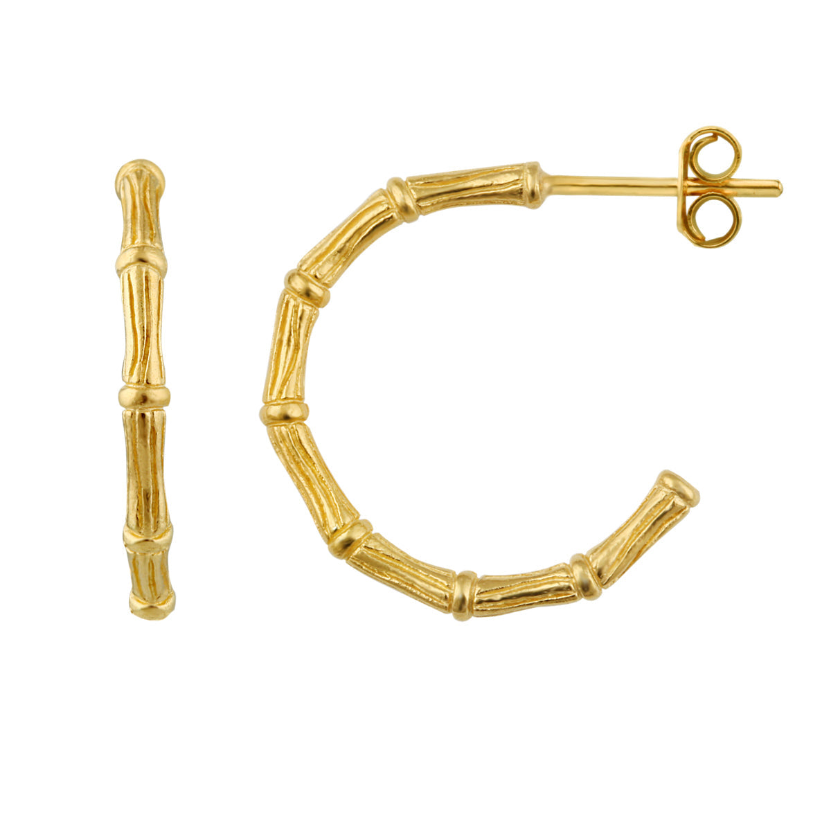 Gold Plated Sterling Silver Bamboo Open Stud Hoop Earrings