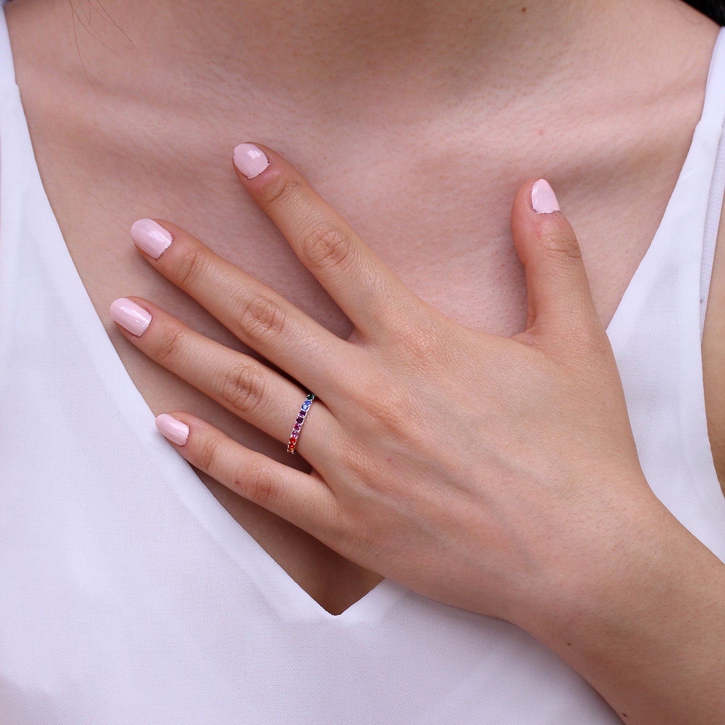 Sterling Silver & Rainbow CZ Crystal Eternity Ring - Size I-W