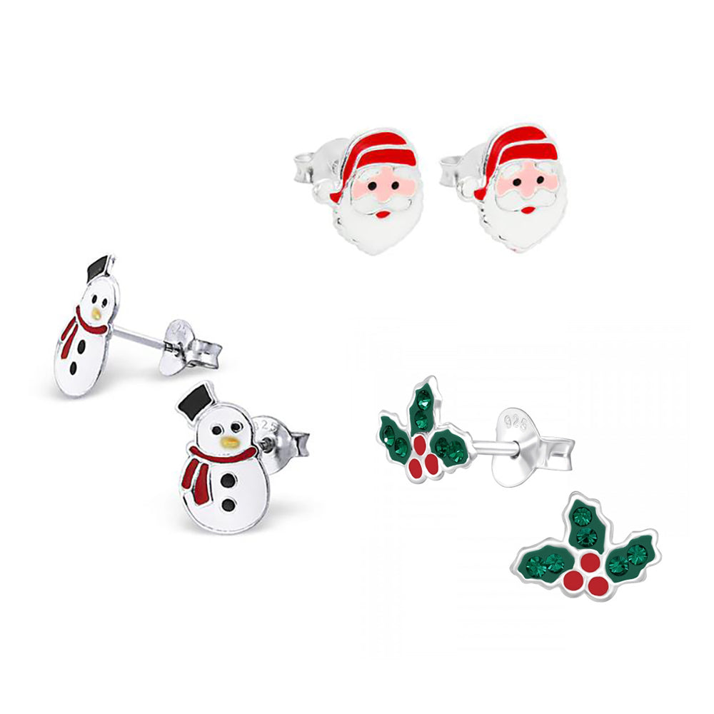 Sterling Silver 3 Pack Christmas Stud Earring Set