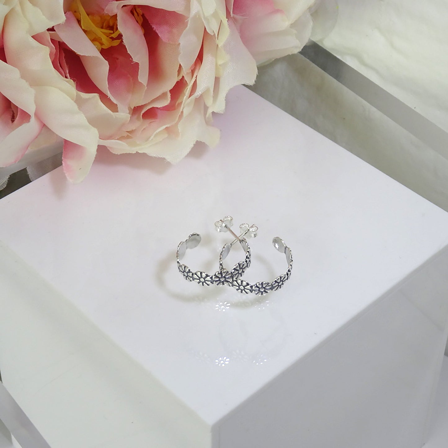 Sterling Silver Flower Daisy Oxidised Open Stud Hoop Earrings