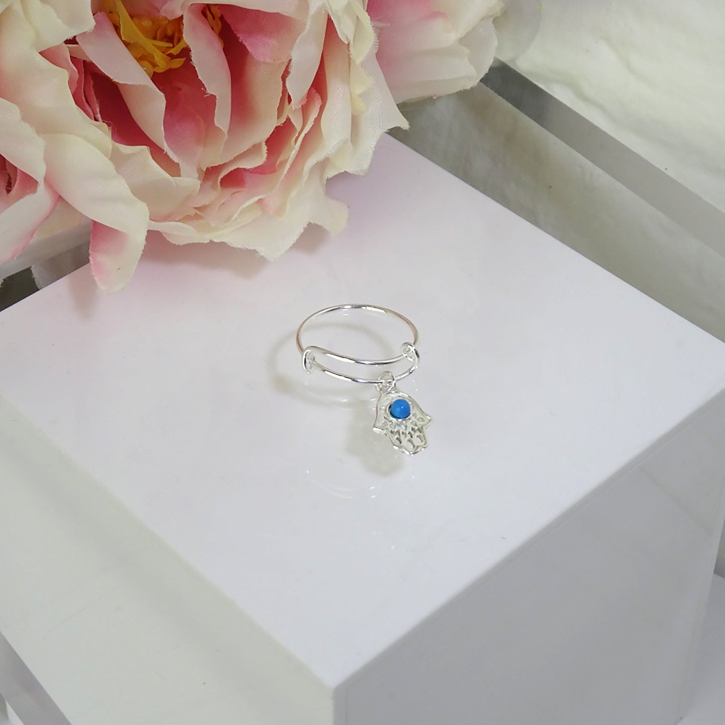 Sterling Silver Hamsa Hand Blue Bead Drop Adjustable Ring