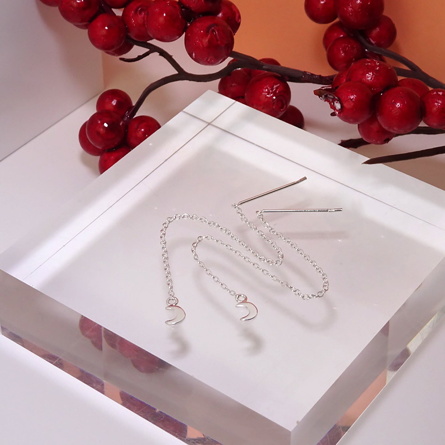 Small Sterling Silver Flat Moon Pull Through Earrings