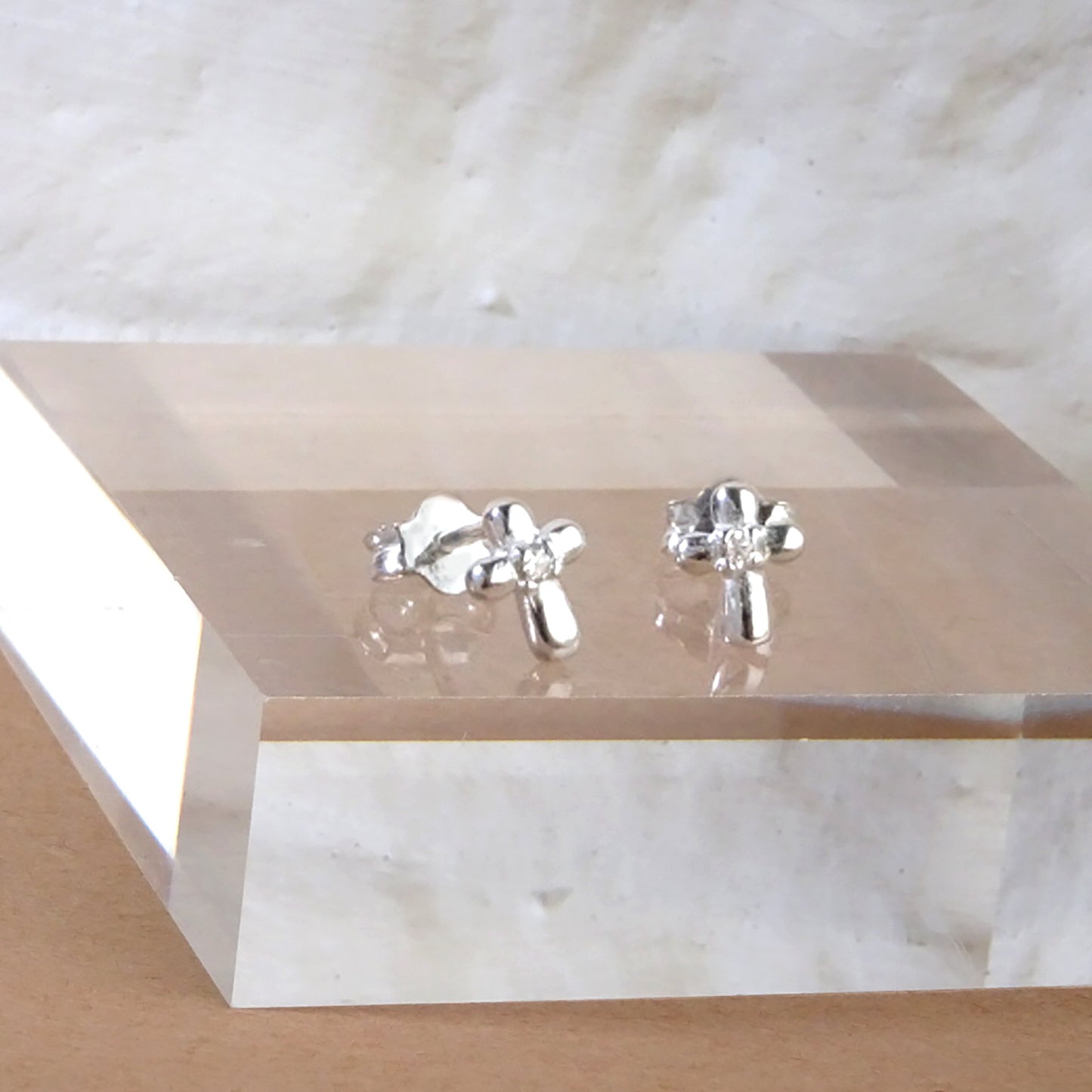 Sterling Silver Tiny Cross Clear CZ Stud Earrings