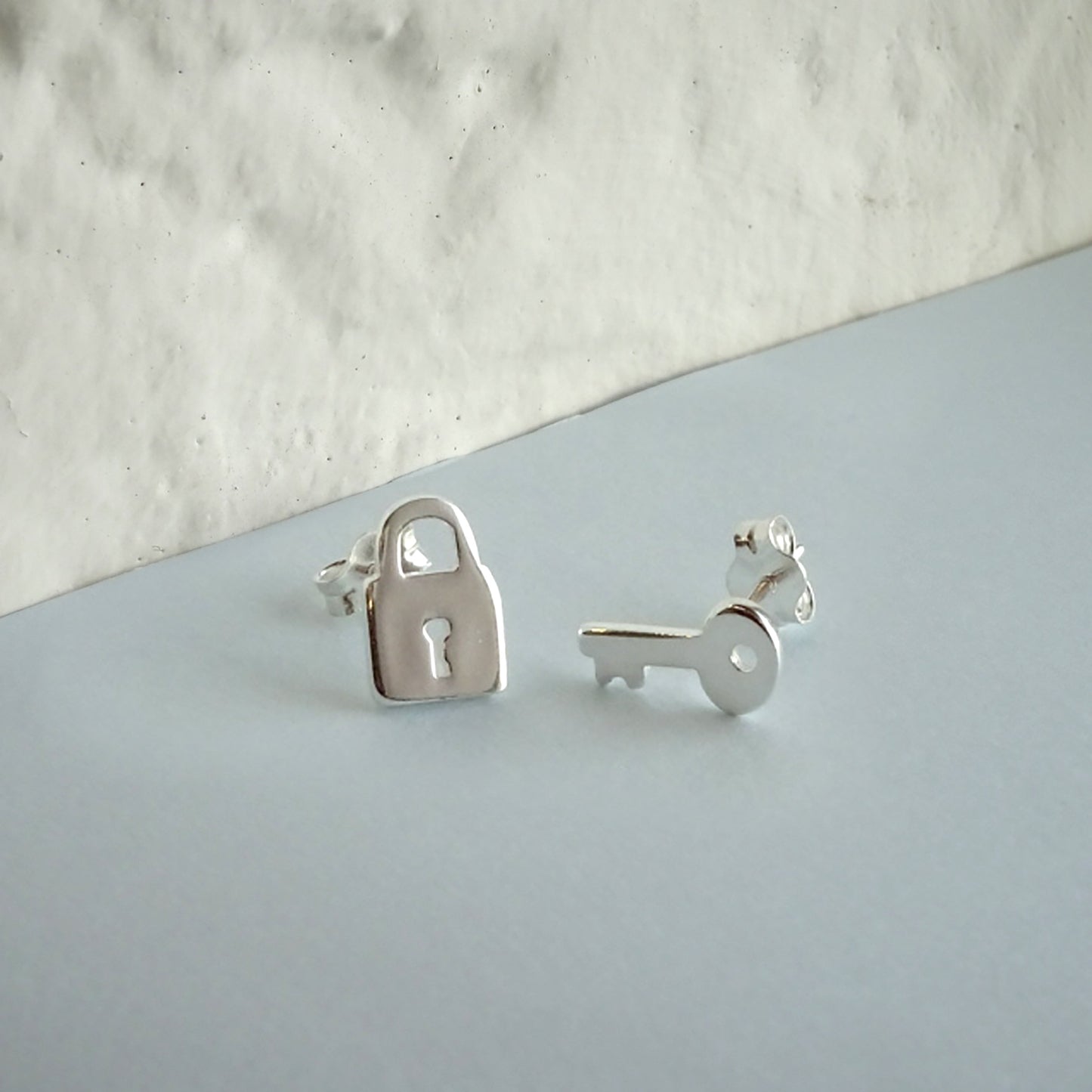 Sterling Silver Key Padlock Stud Earrings