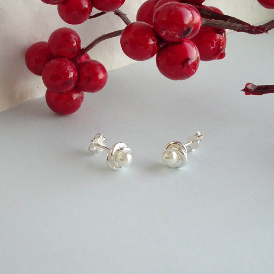 Sterling Silver Knot White Synthetic Pearl Stud Earrings
