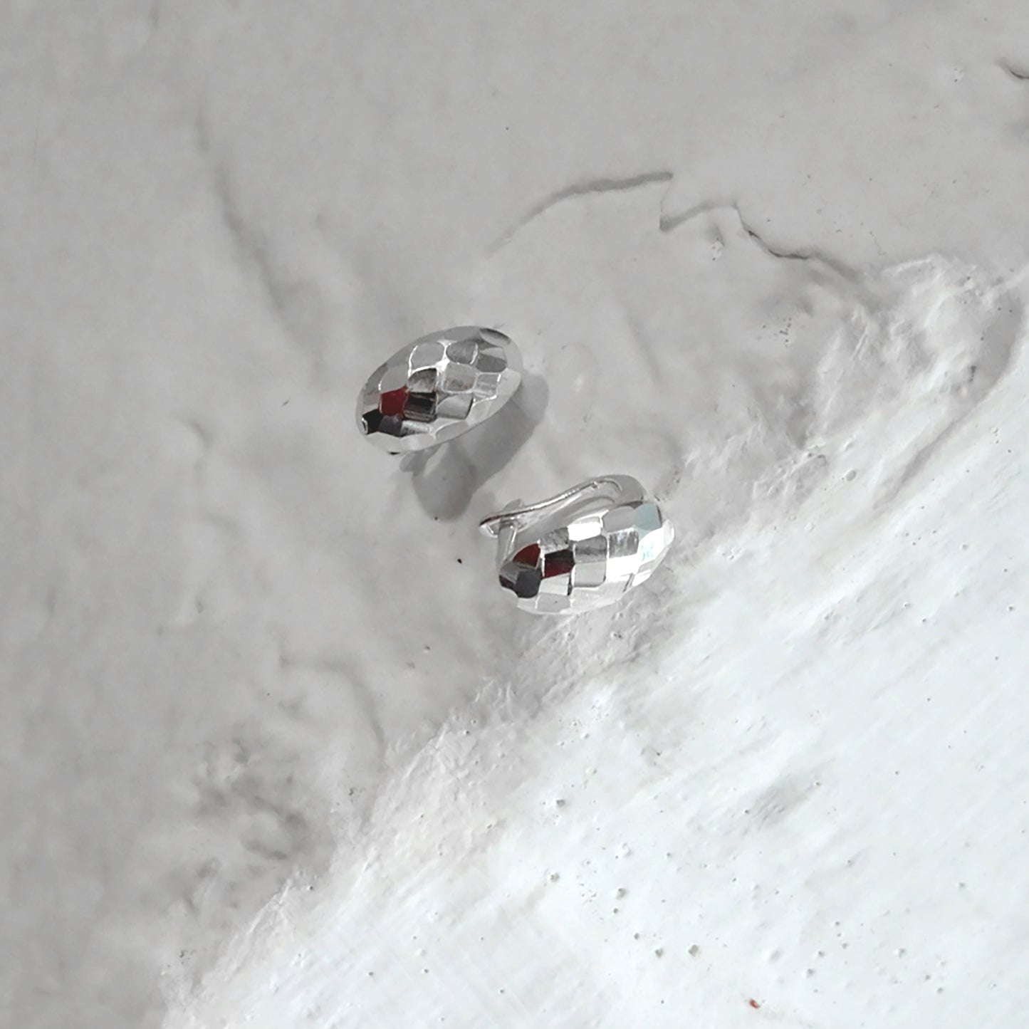 Sterling Silver Hammered Faceted Oval Lever Back Huggie Hoop Earrings