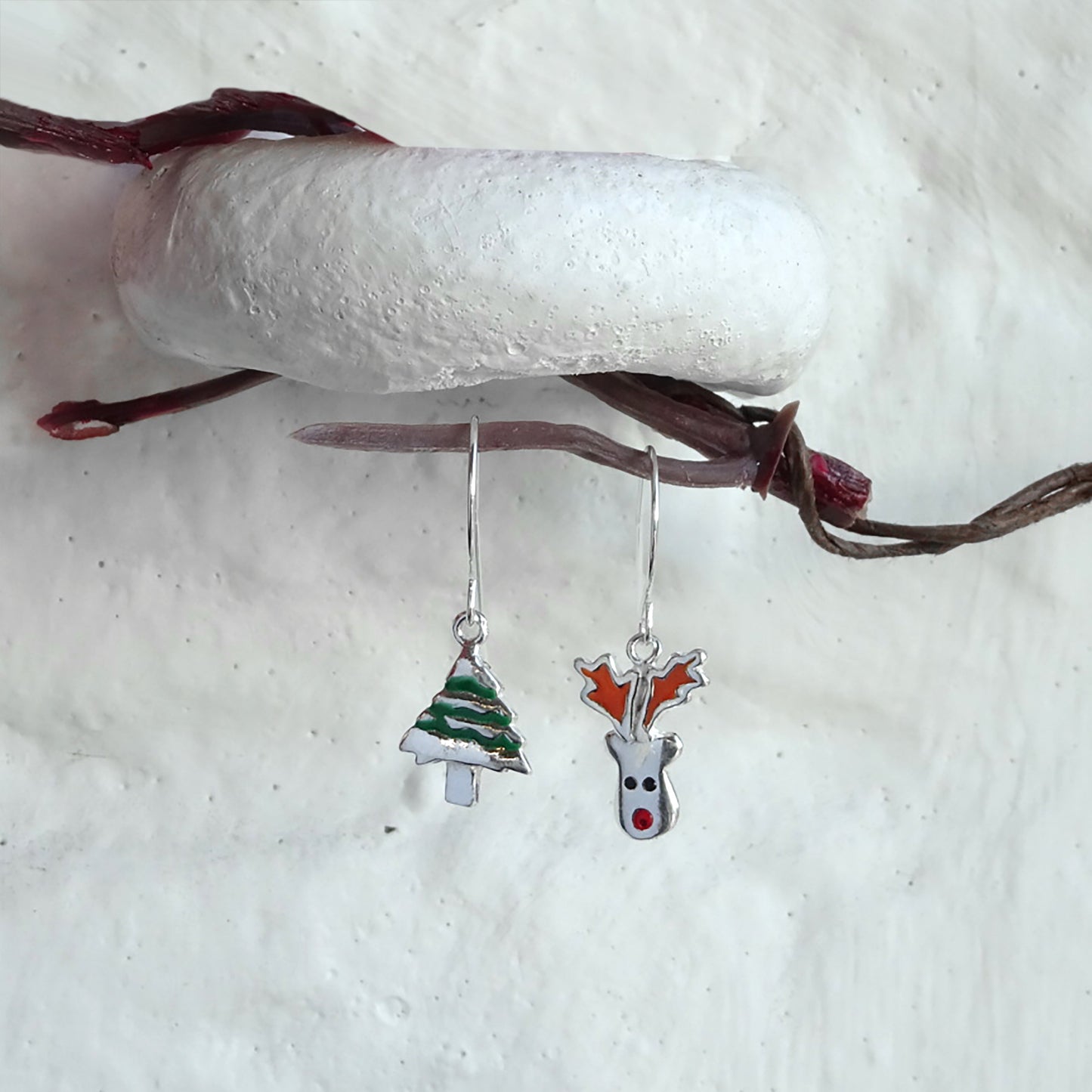Sterling Silver Red Nose Reindeer Christmas Tree Mix & Match Dangle Drop Earrings