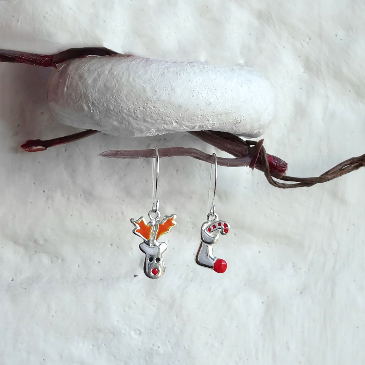 Sterling Silver Red Nose Reindeer Christmas Stocking Mix & Match Dangle Drop Earrings