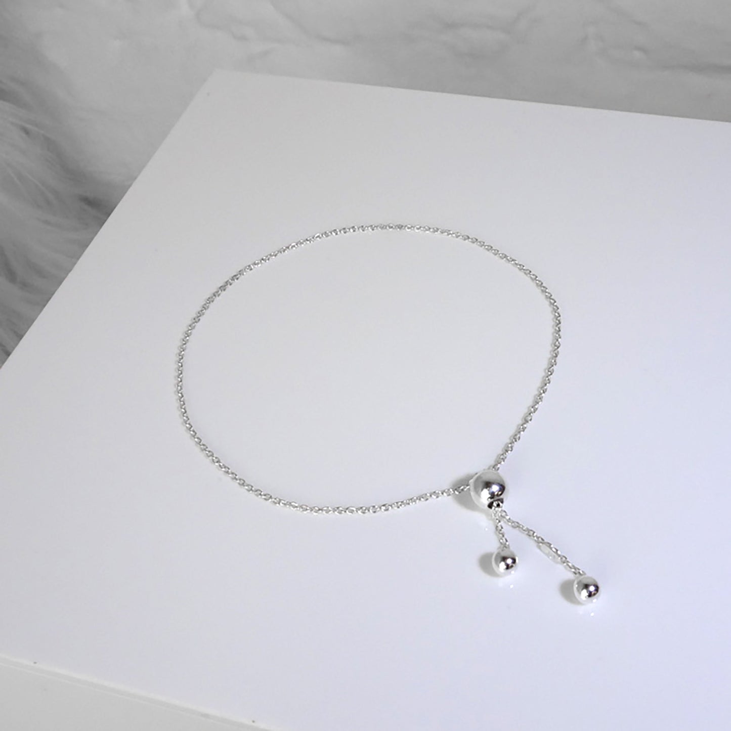 Sterling Silver Fine Chain Slider Ball Clasp Adjustable Bracelet