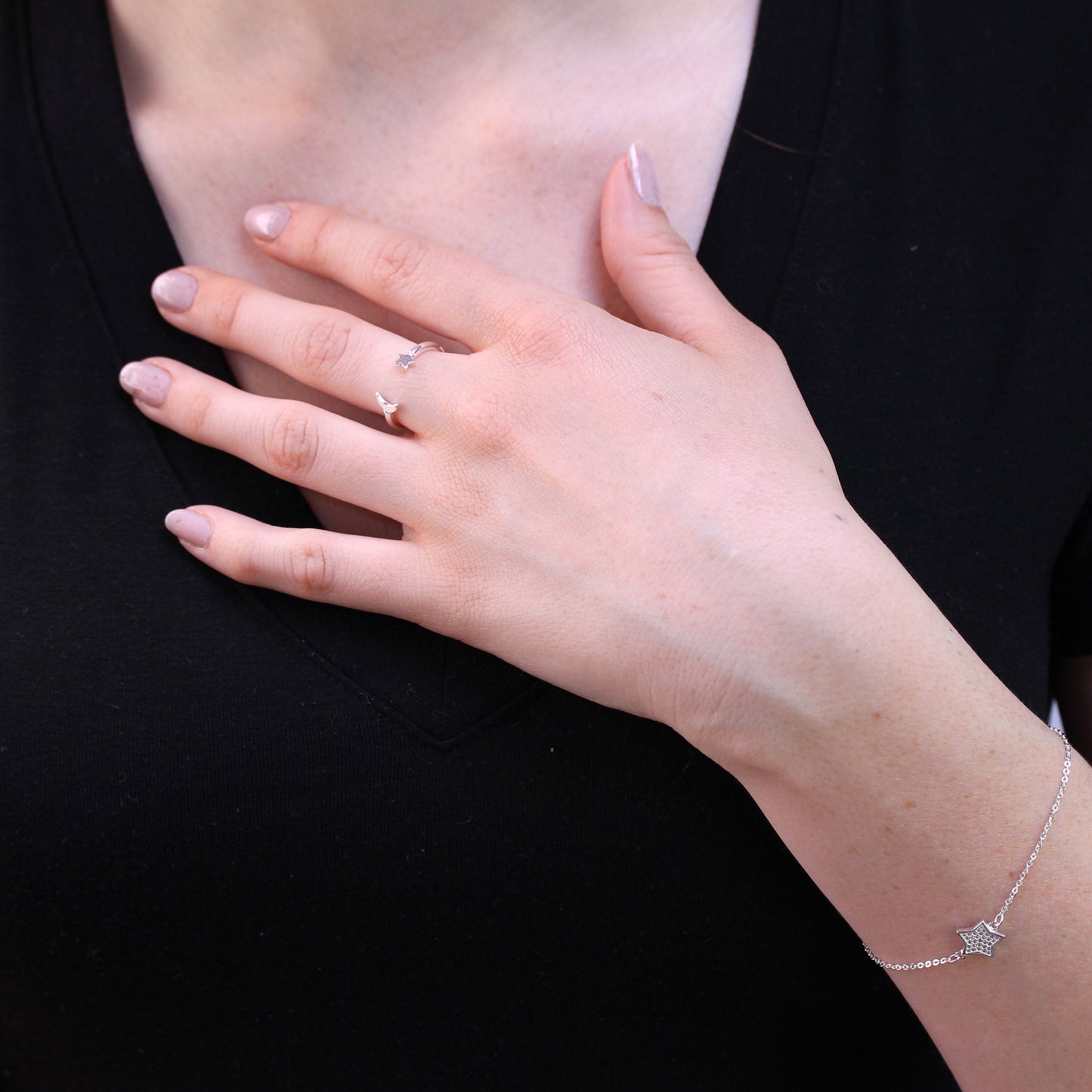 Sterling Silver Moon & Star Open Adjustable Ring