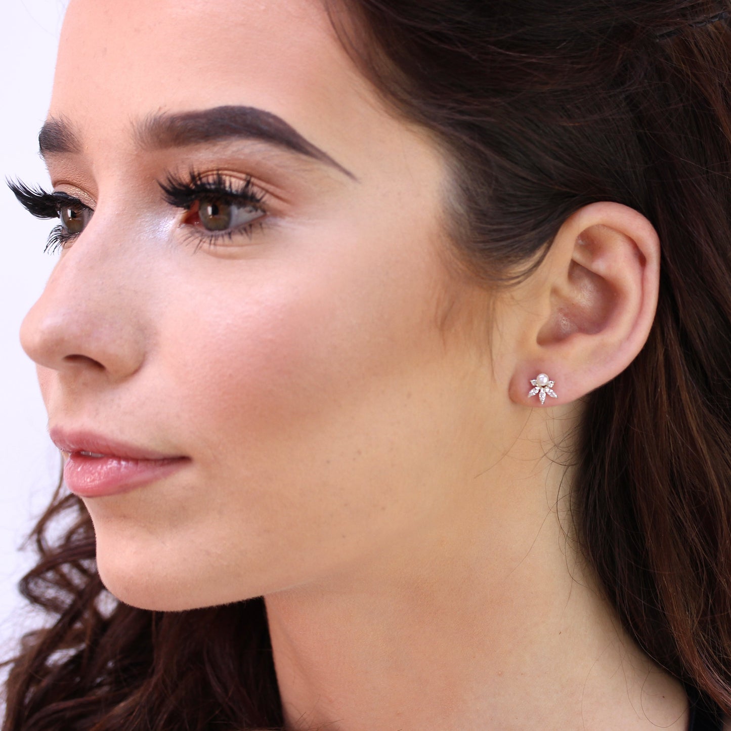 Sterling Silver Clear CZ Flower Synthetic Pearl Stud Earrings