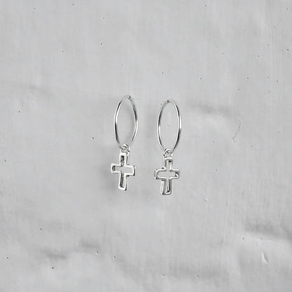 Sterling Silver Cross Outline Charm Hoop 12mm Earrings