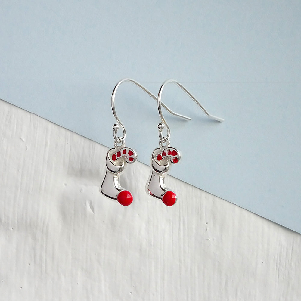 Sterling Silver Stocking & Candy Cane Charm Fishhook Earrings