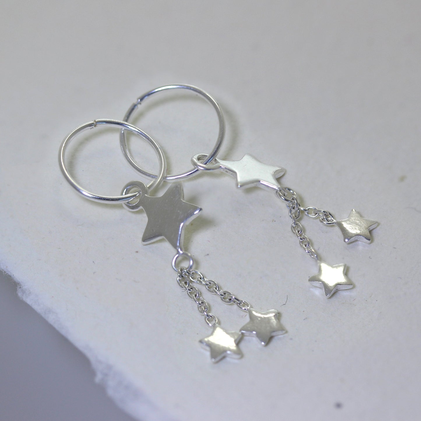 Sterling Silver Multi Star Dangle 12mm Charm Hoop Earrings