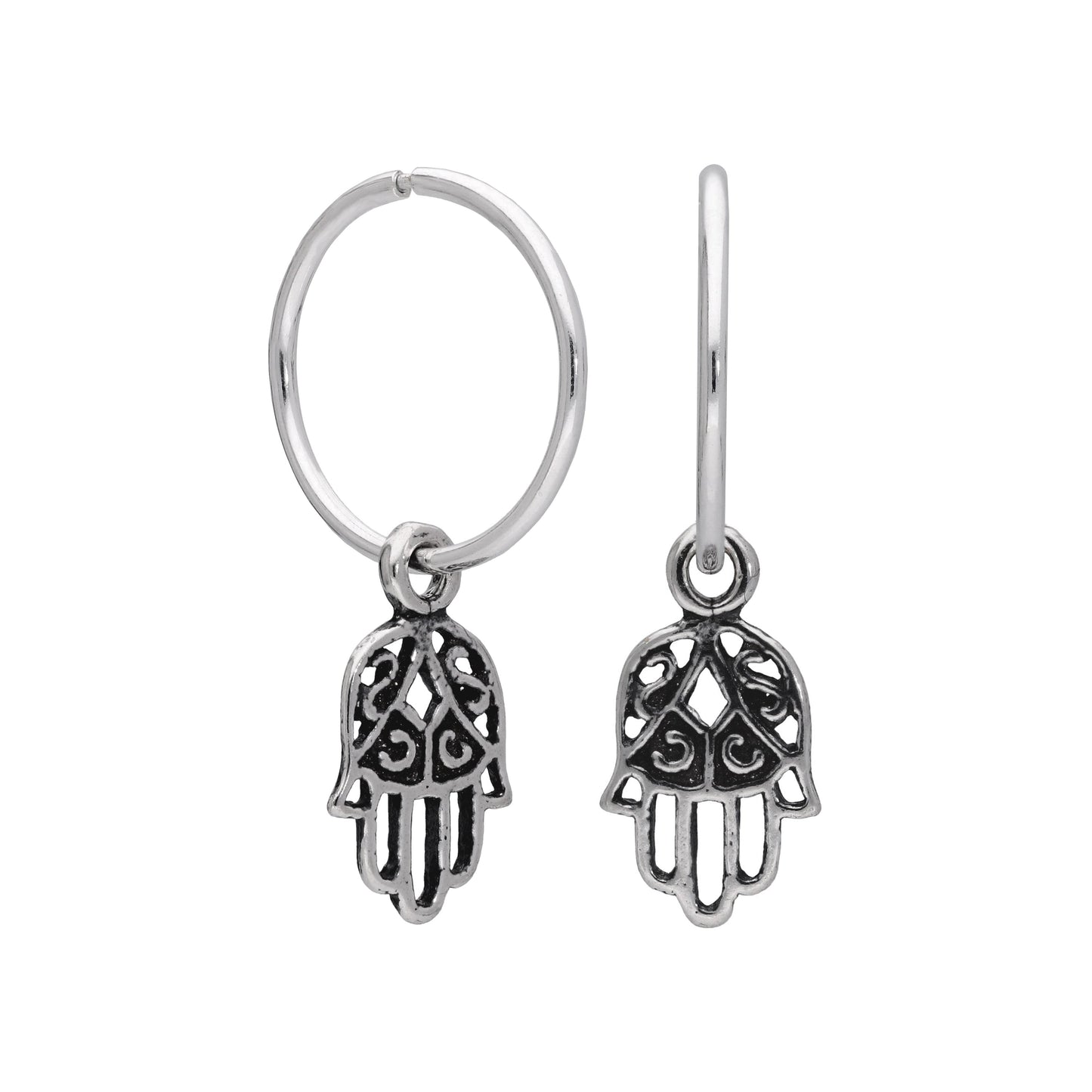 Sterling Silver Hamsa Hand Charm Hoop 12mm Earrings