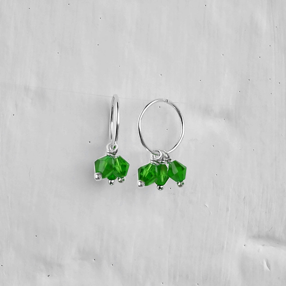 Triple Sterling Silver Green Crystal Charm Hoop 12mm Earrings